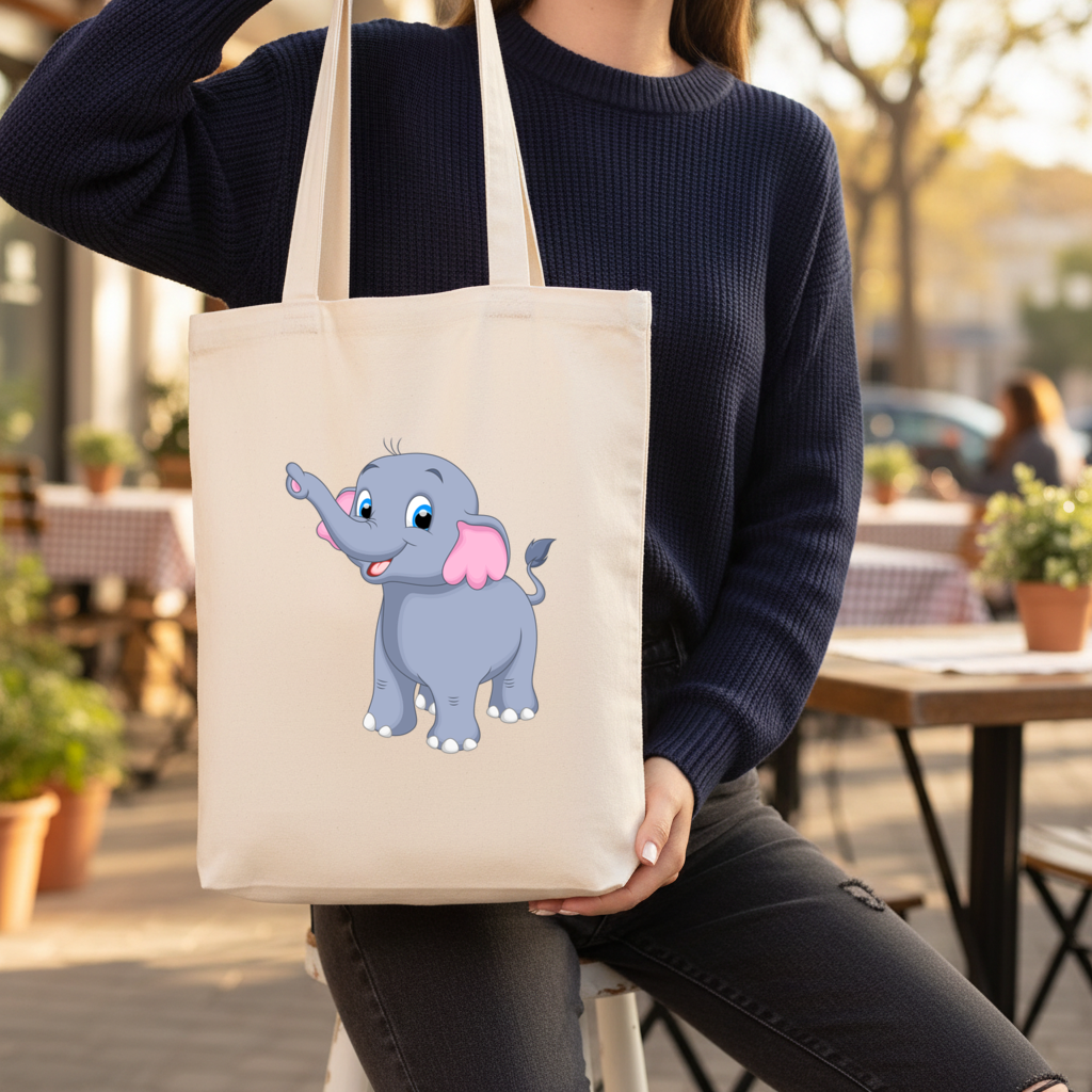 Cute Blue Elephant Gusseted Canvas Tote Bag