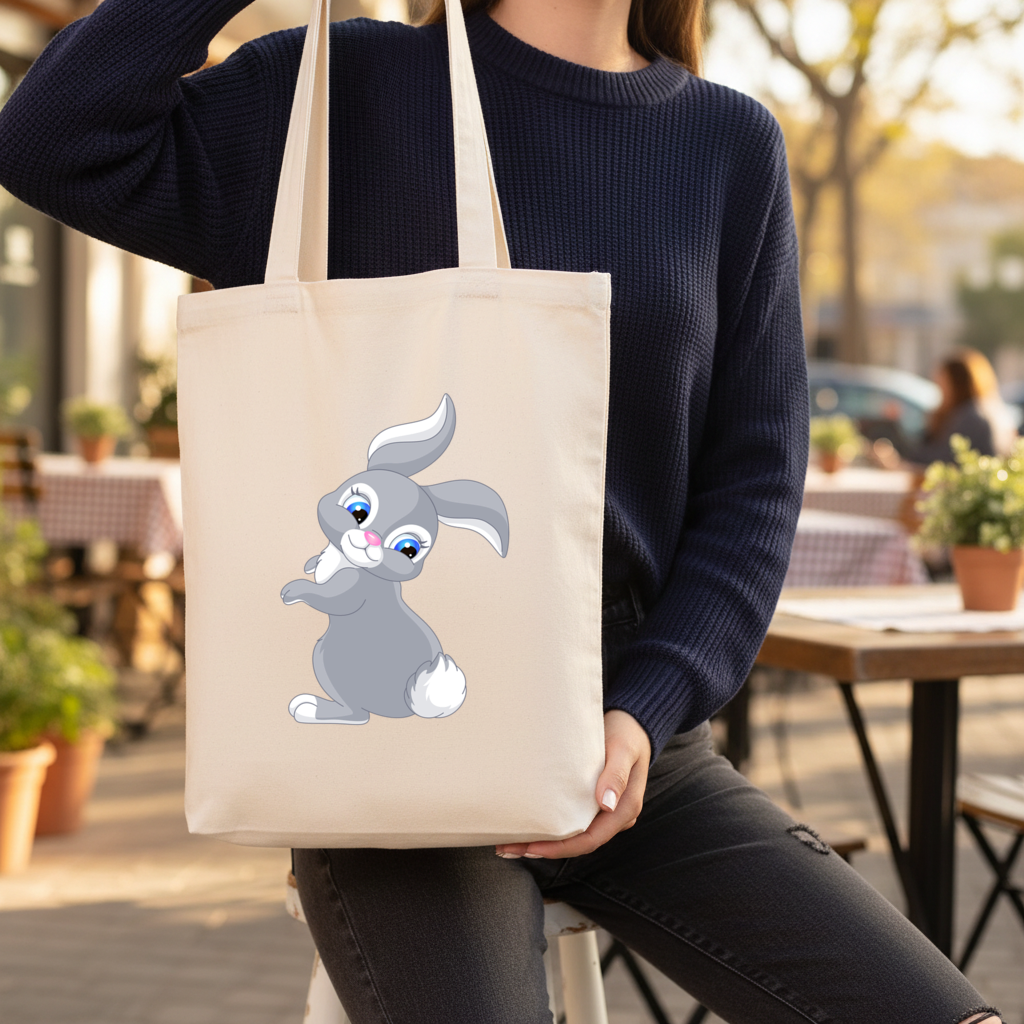 Cute Grey Bunny Gusseted Canvas Tote Bag
