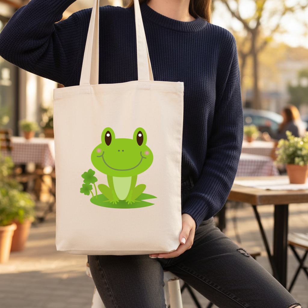 Cute Green Frog Gusseted Canvas Tote Bag