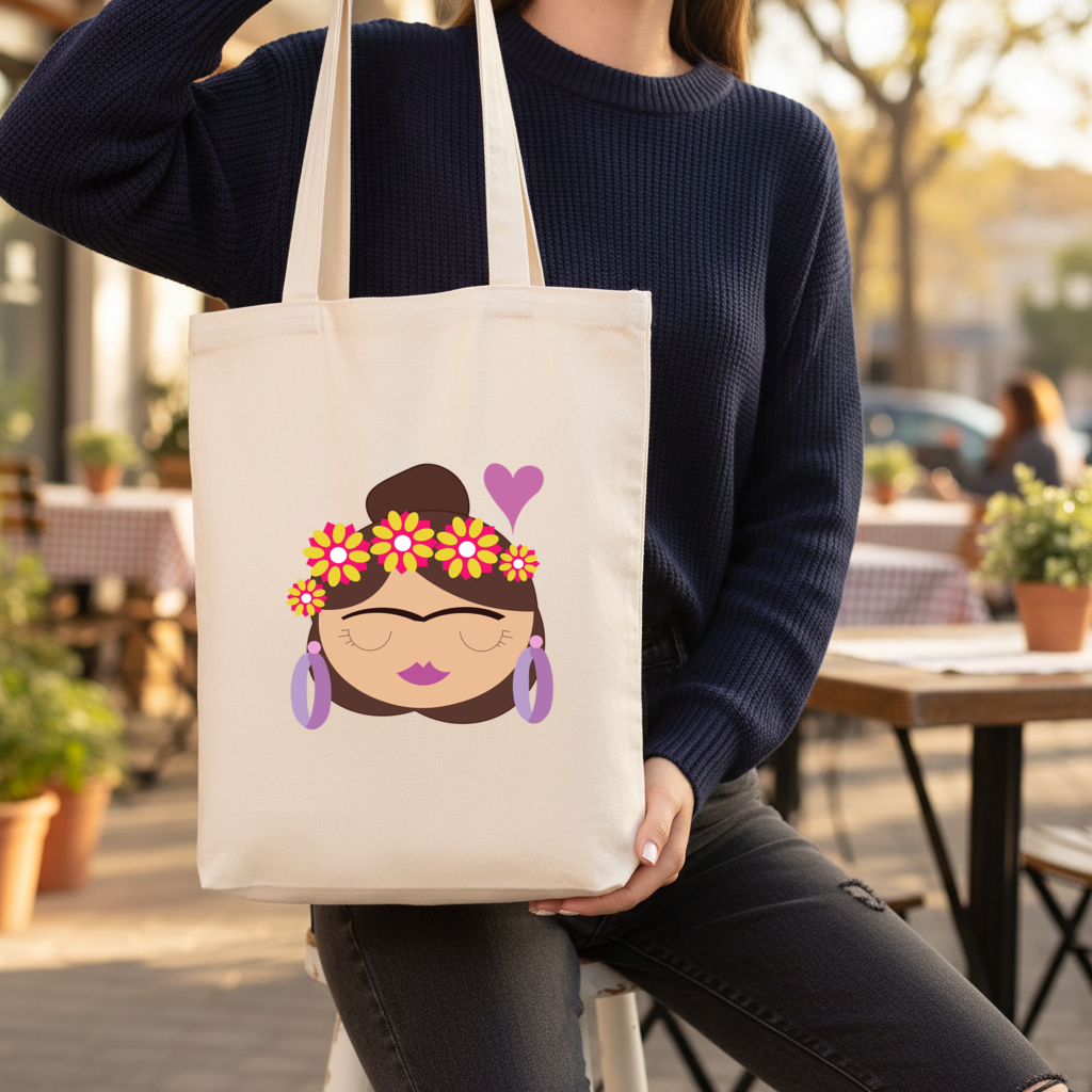 Frida Kahlo Inspired Floral Woman Gusseted Canvas Tote Bag