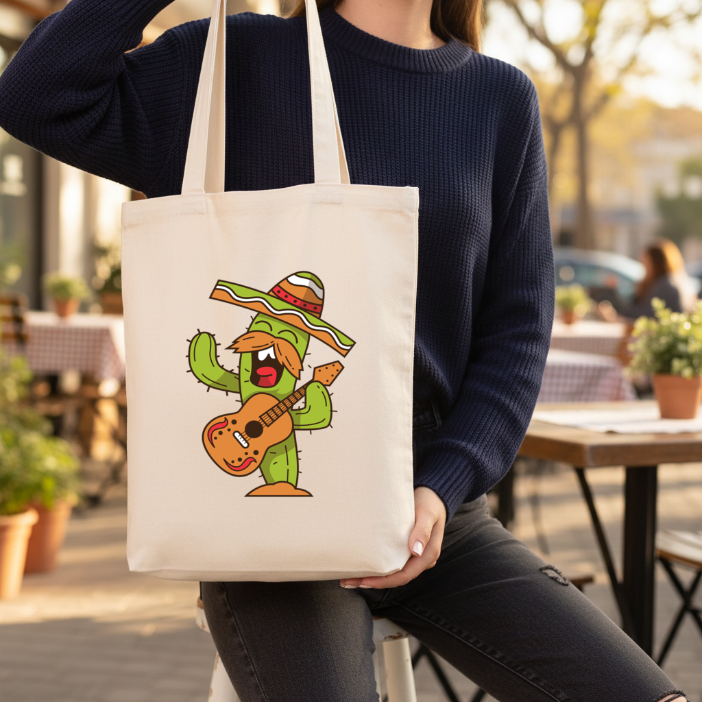 Mariachi Cactus Playing Guitar Gusseted Canvas Tote Bag