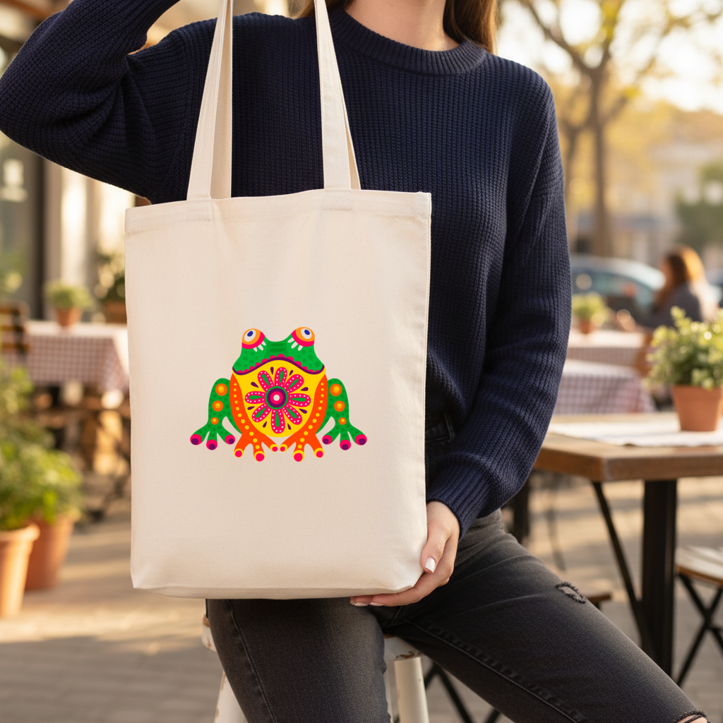 Mexican Alebrije Frog Gusseted Canvas Tote Bag