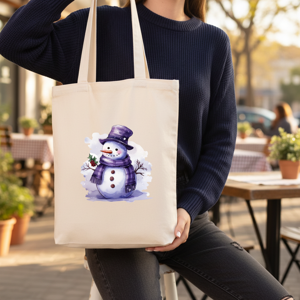 Whimsical Purple Snowman Gusseted Canvas Tote Bag