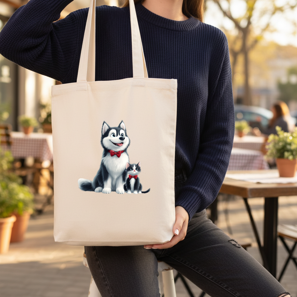 Cute Husky and Kitten with Red Bowties Gusseted Canvas Tote Bag