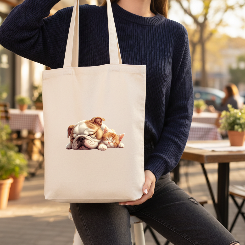 Sleeping Bulldog and Ginger Kitten Gusseted Canvas Tote Bag