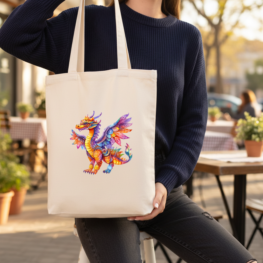 Vibrant Rainbow Mythical Dragon Gusseted Canvas Tote Bag