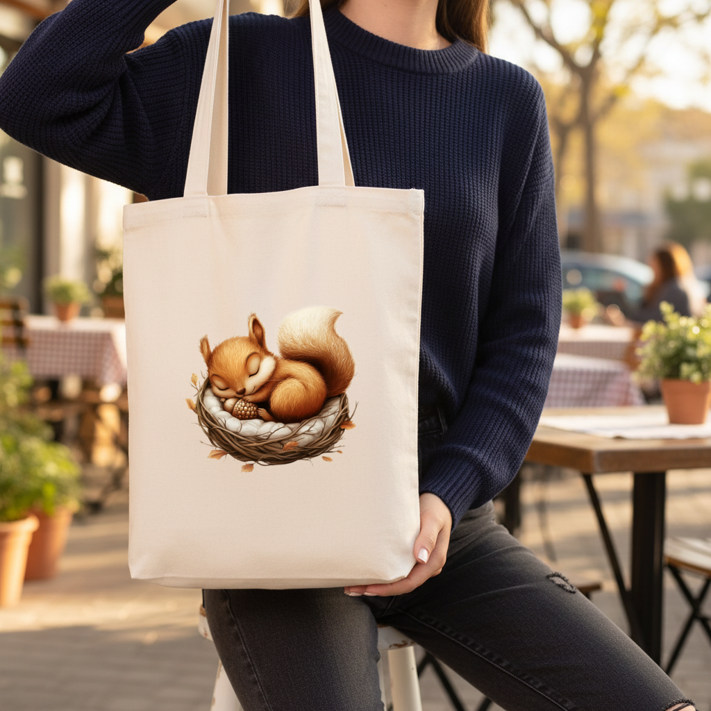 Sleeping Baby Squirrel in Nest Gusseted Canvas Tote Bag