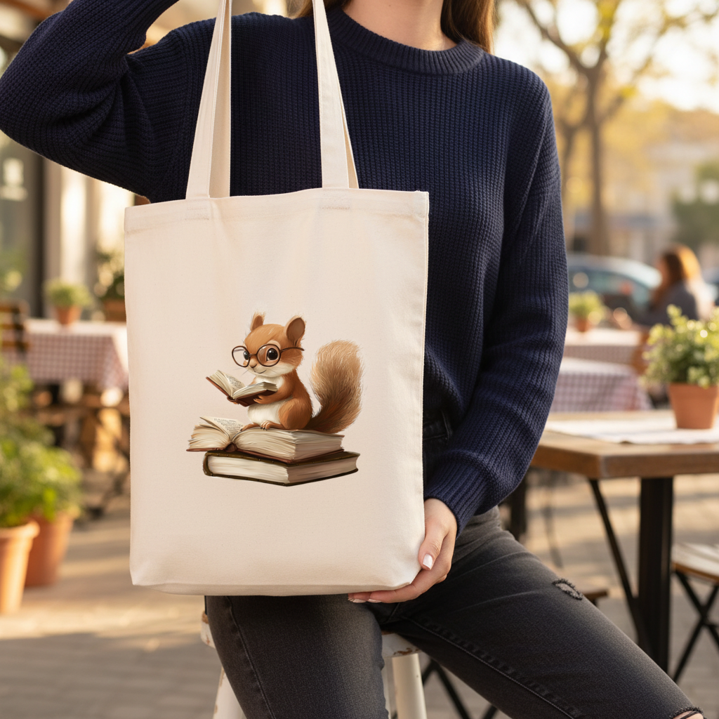 Scholarly Squirrel Reading on Book Stack Gusseted Canvas Tote Bag