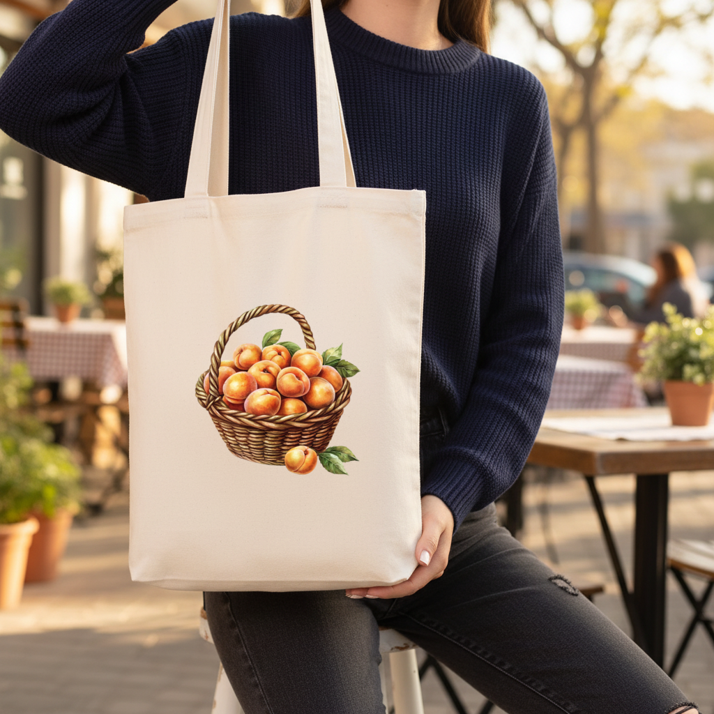 Fresh Peaches in Wicker Basket Gusseted Canvas Tote Bag