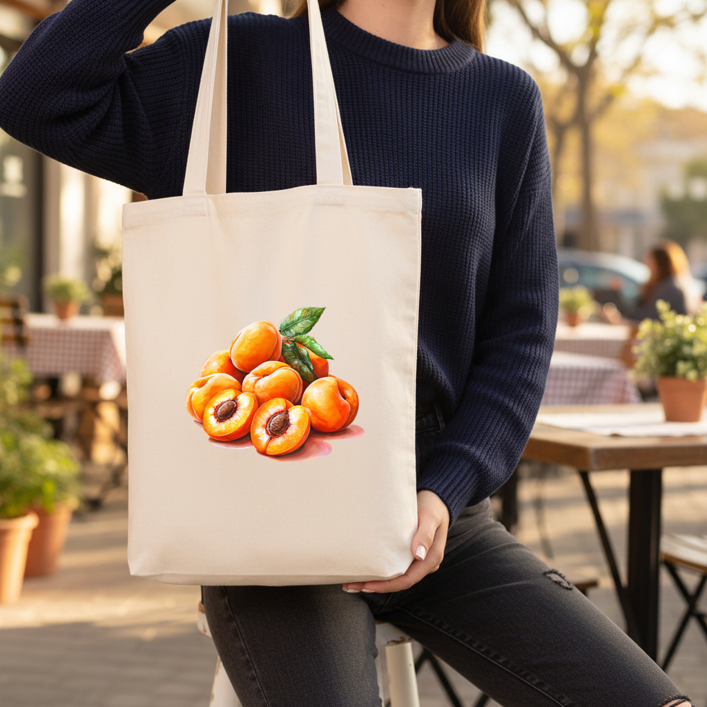 Watercolor Apricot and Leaves Gusseted Canvas Tote Bag