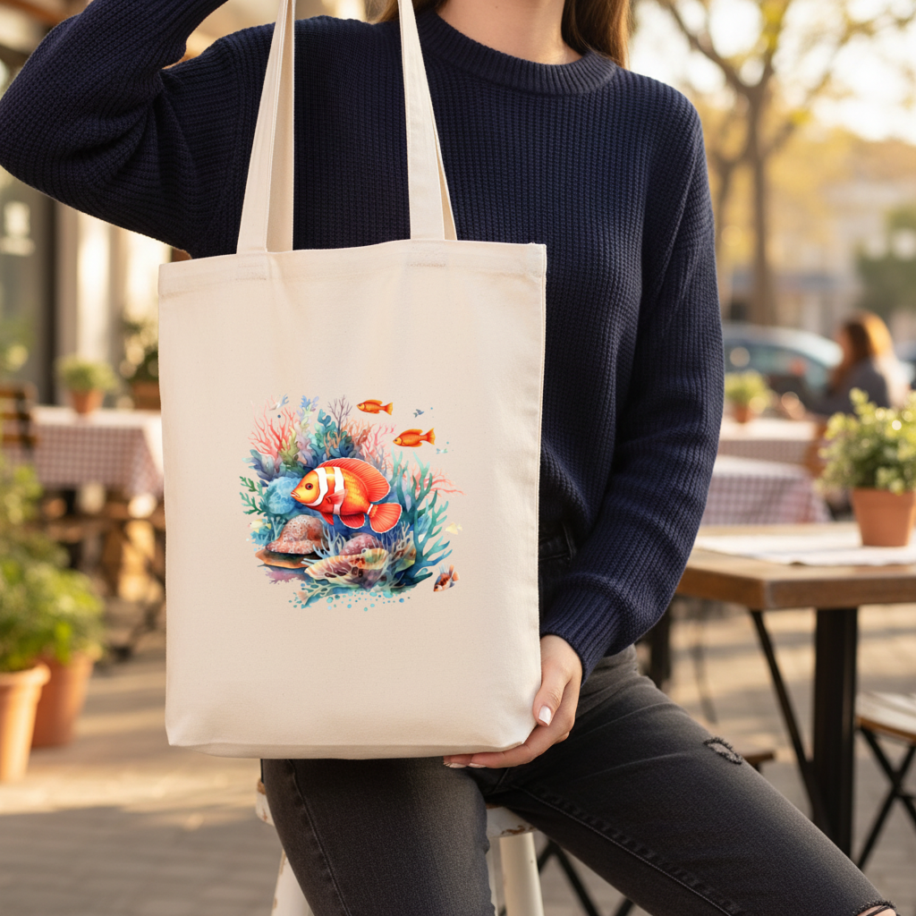Watercolor Clownfish and Tropical Coral Reef Gusseted Canvas Tote Bag