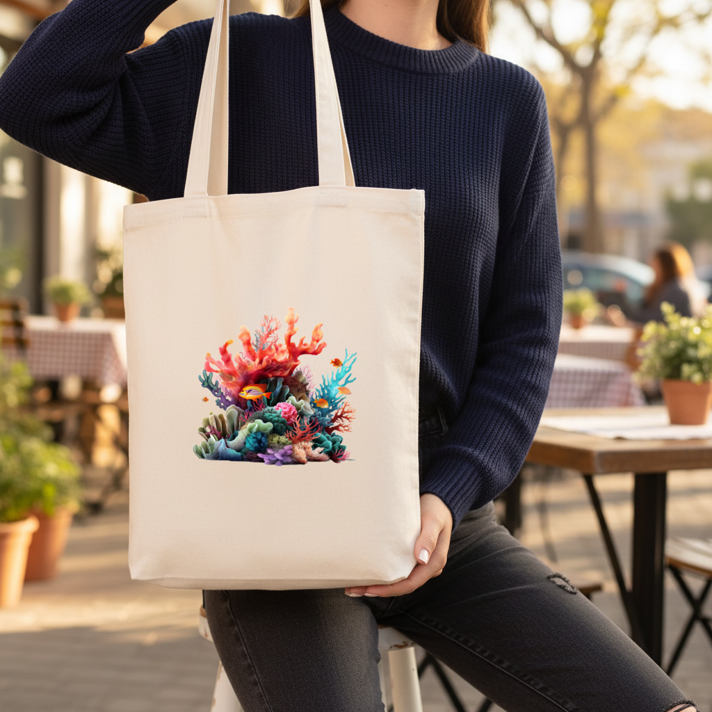 Vibrant Coral Reef and Tropical Fish Gusseted Canvas Tote Bag