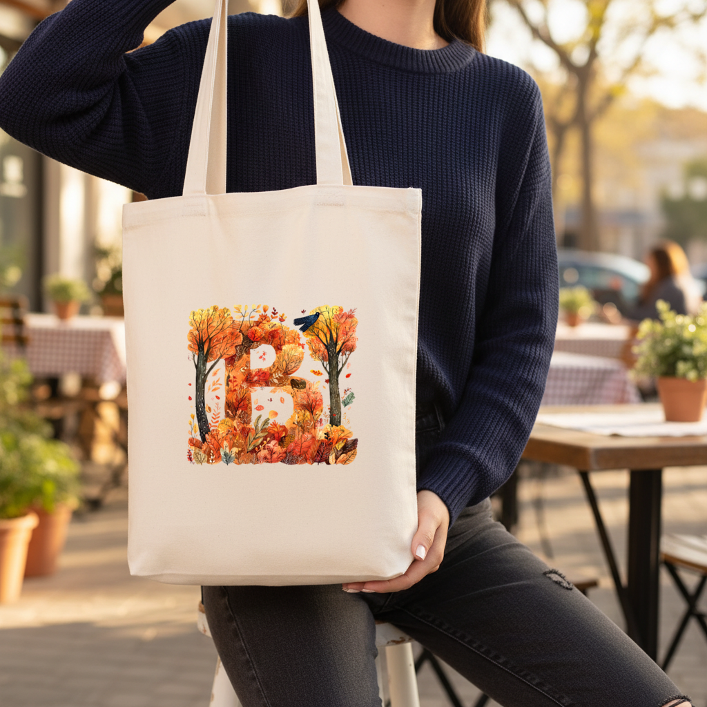 Fall Foliage Letter B Gusseted Canvas Tote Bag