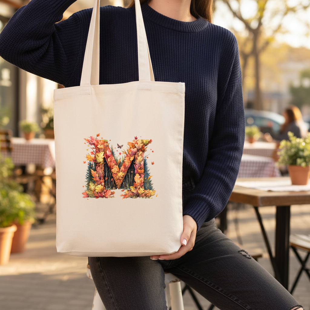 Autumn Letter M With Fall Leaves Gusseted Canvas Tote Bag