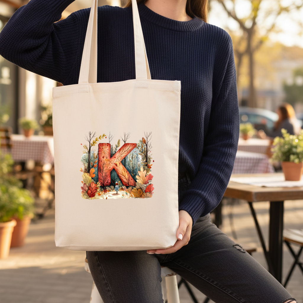 Autumn Forest Letter K Gusseted Canvas Tote Bag