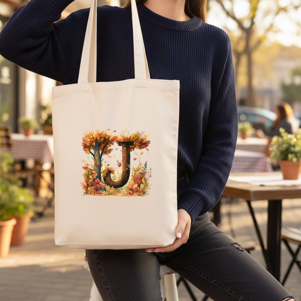Fall Leaves Wooden Letter J Gusseted Canvas Tote Bag