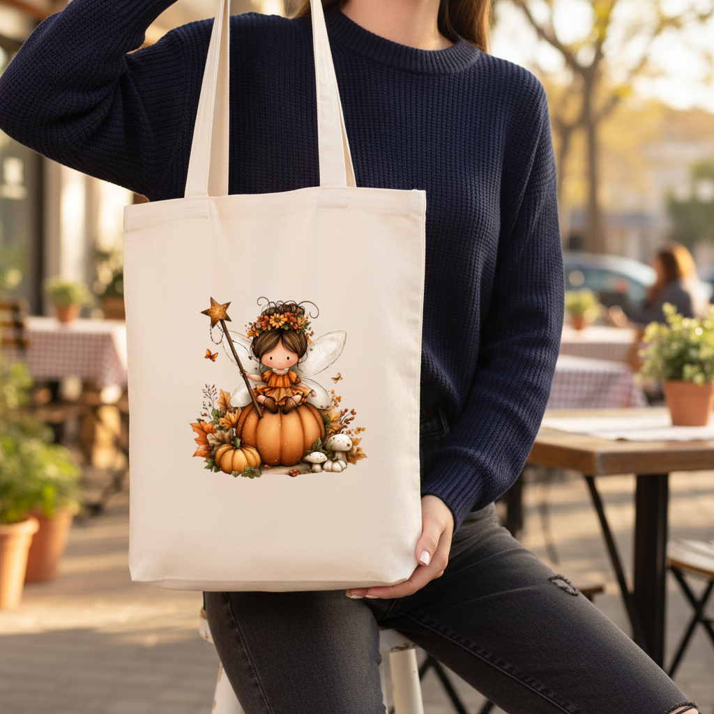 Whimsical Autumn Pumpkin Fairy Gusseted Canvas Tote Bag