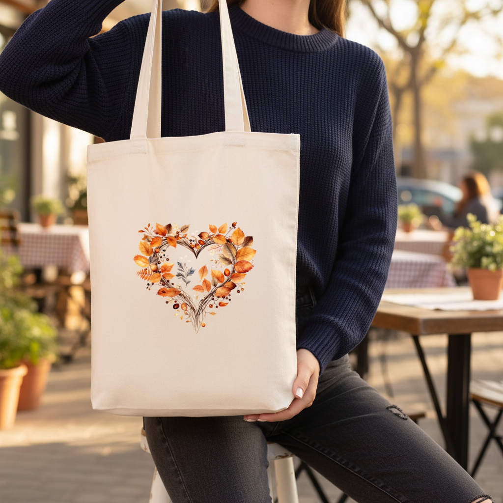 Orange Autumn Leaves Heart Gusseted Canvas Tote Bag