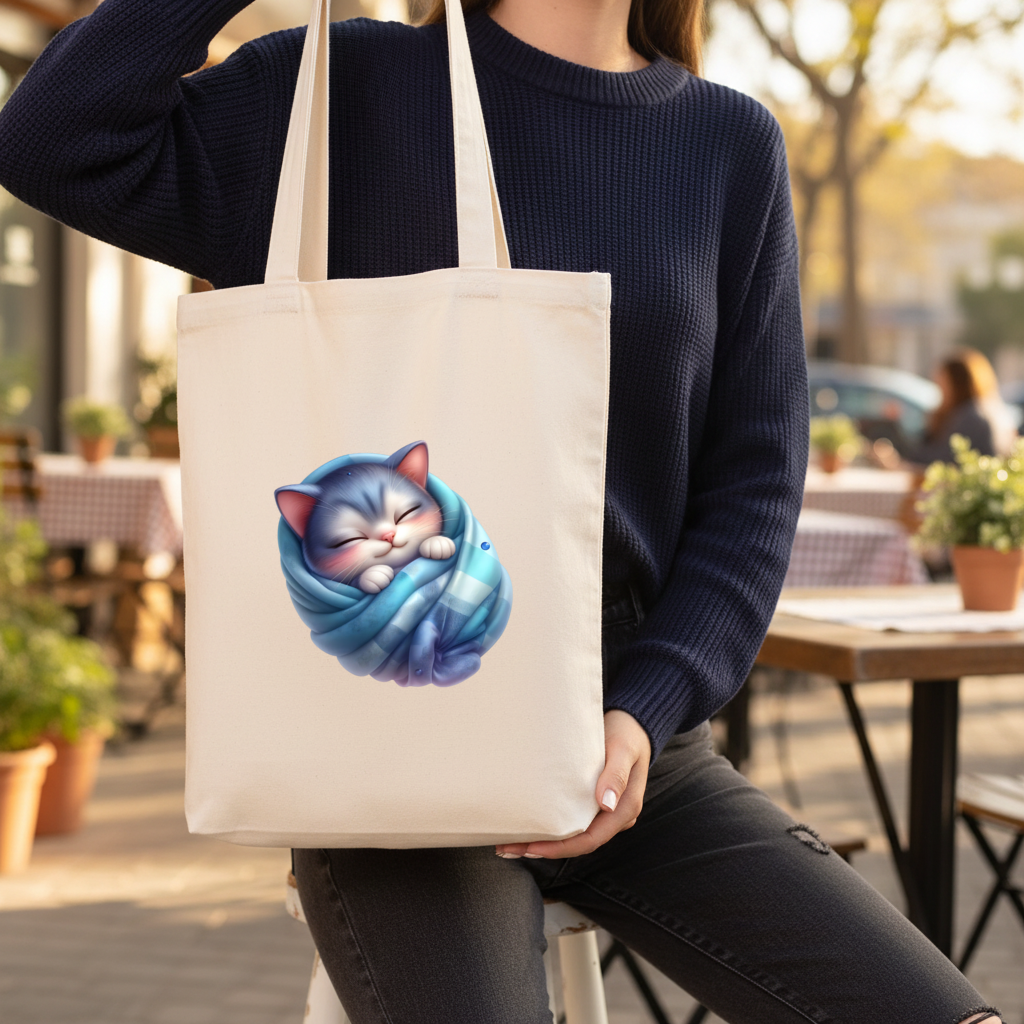 Kawaii Sleeping Kitten in Blue Swaddle Gusseted Canvas Tote Bag