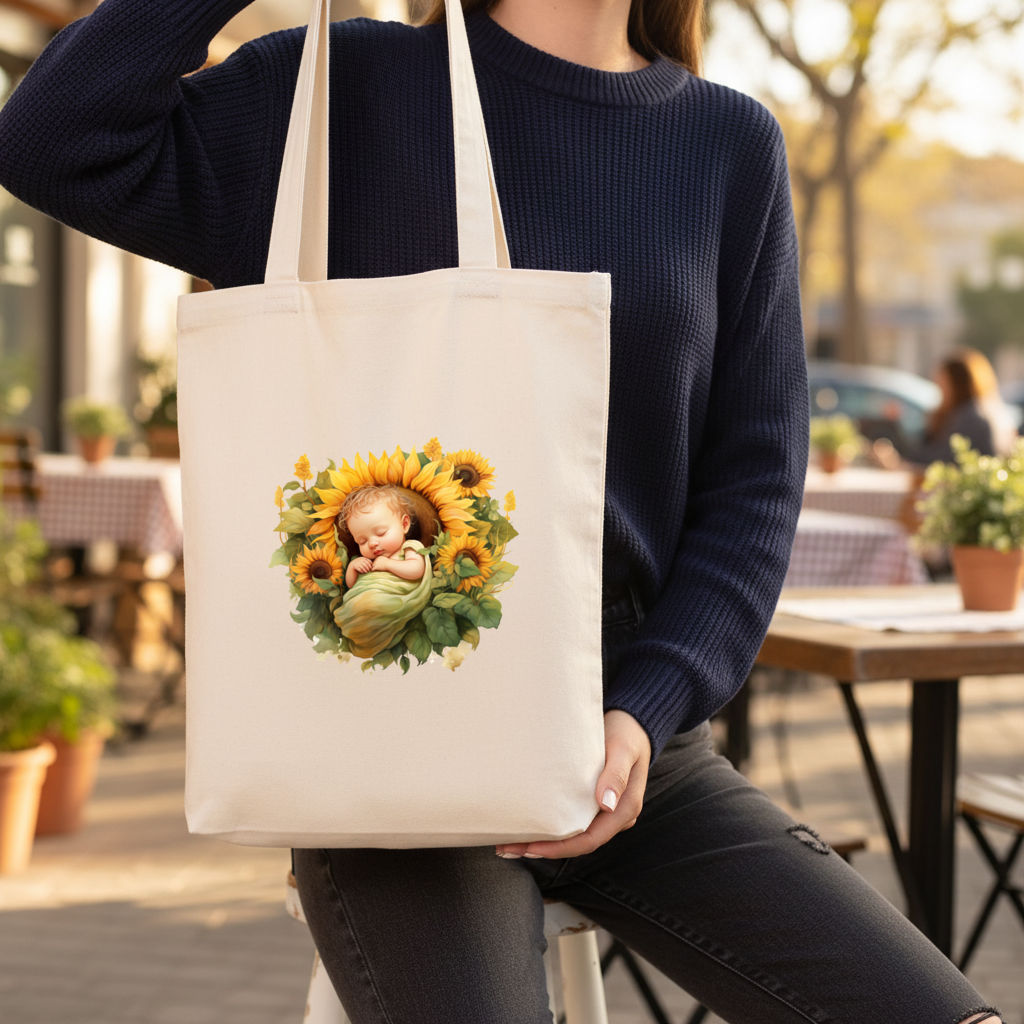 Sleeping Baby in Sunflower Gusseted Canvas Tote Bag