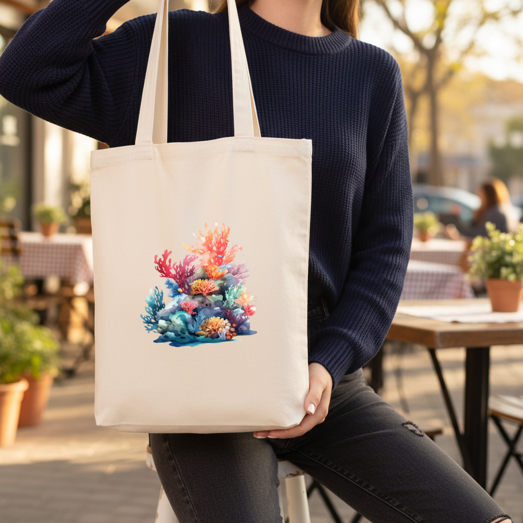 Vibrant Watercolor Coral Reef Scene Gusseted Canvas Tote Bag