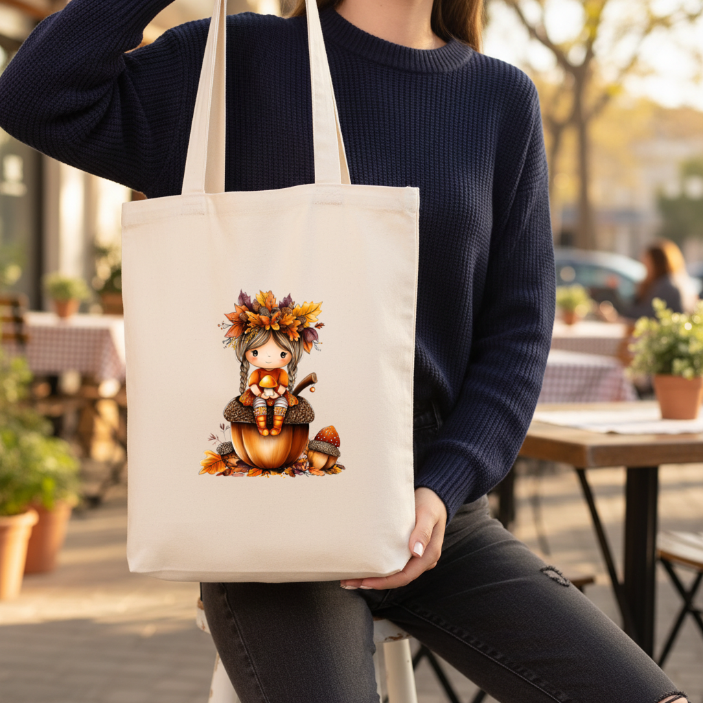 Autumn Acorn Mushroom Girl Gusseted Canvas Tote Bag