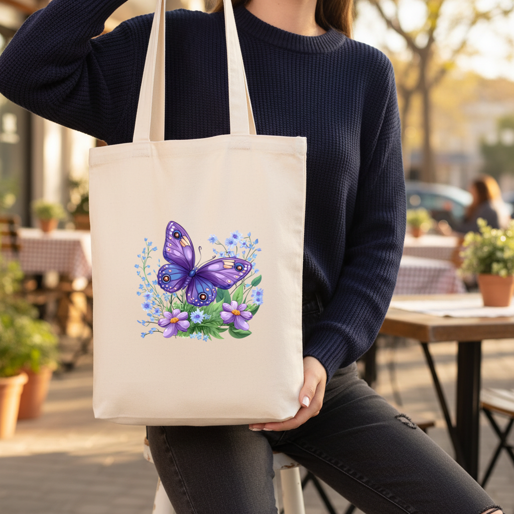 Cottagecore Purple Butterfly Floral Gusseted Canvas Tote Bag