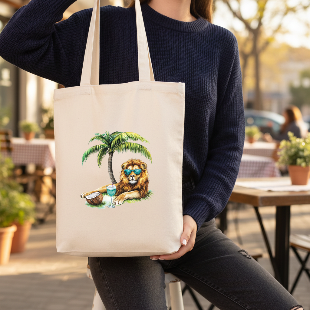 Summer Vibe Lion Under Palm Tree Gusseted Canvas Tote Bag