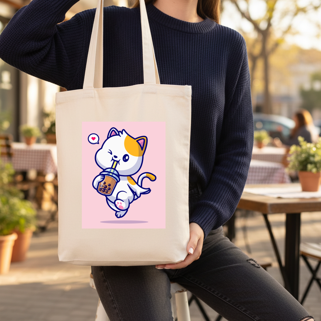 Boba Çayı İçen Kawaii Kedi Körüklü Canvas Çanta