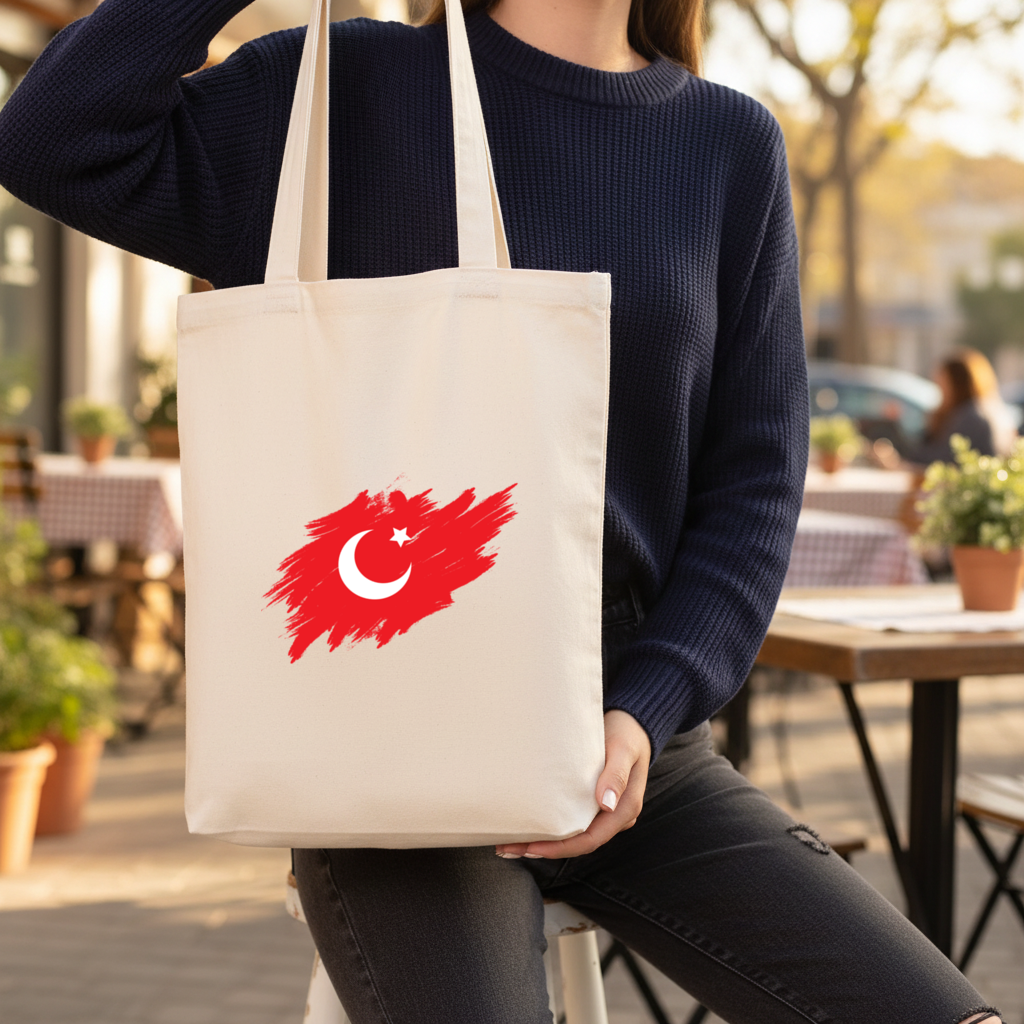 Brushstroke Turkish Flag Crescent Moon Gusseted Canvas Tote Bag