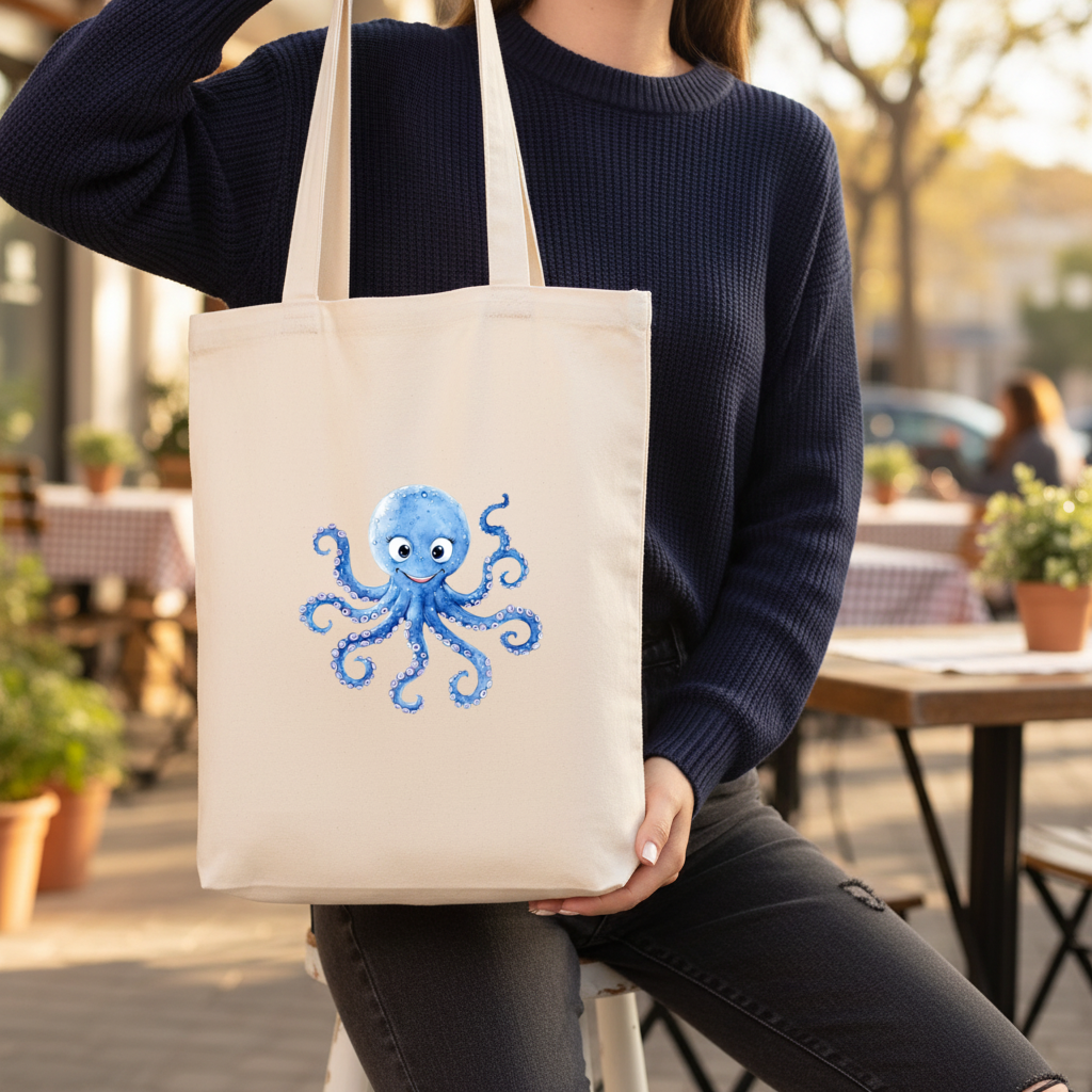 Cute Blue Watercolor Octopus Gusseted Canvas Tote Bag