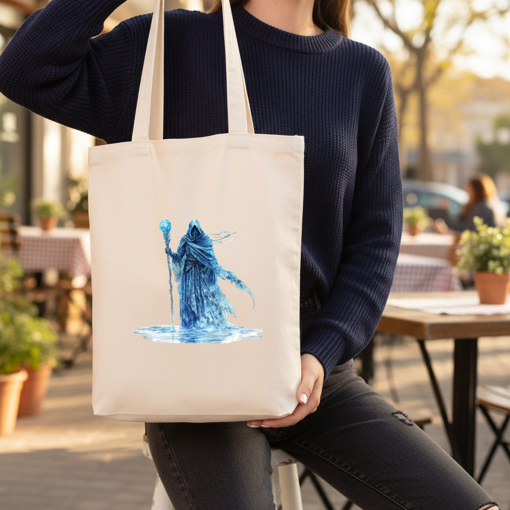 Blue Frost Mage Hooded Wizard Staff Gusseted Canvas Tote Bag