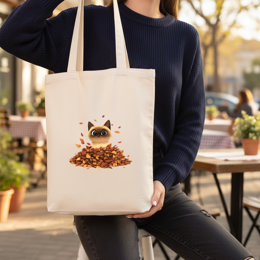 Siamese Cat in Autumn Leaf Pile Gusseted Canvas Tote Bag