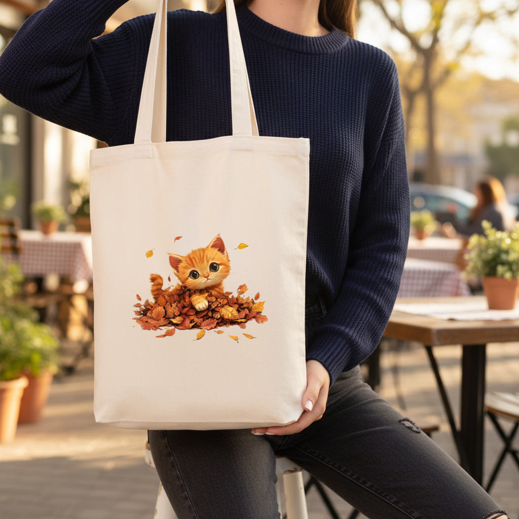 Ginger Kitten in Autumn Leaves Gusseted Canvas Tote Bag