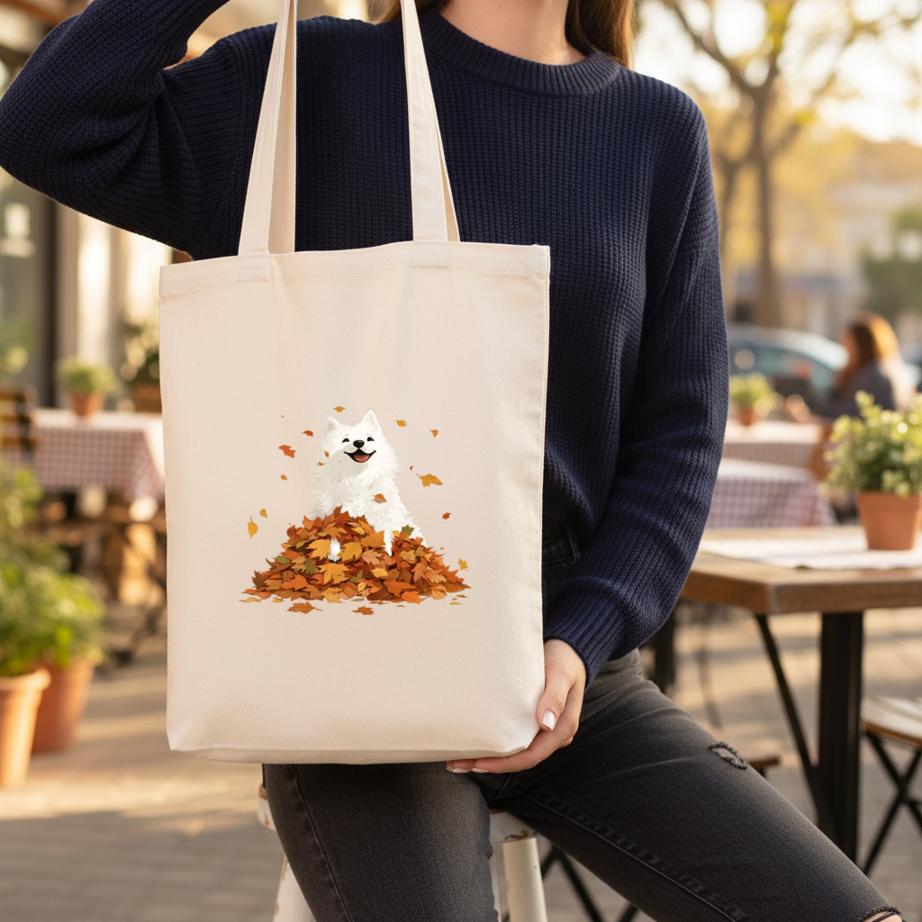 Happy White Dog in Autumn Leaves 