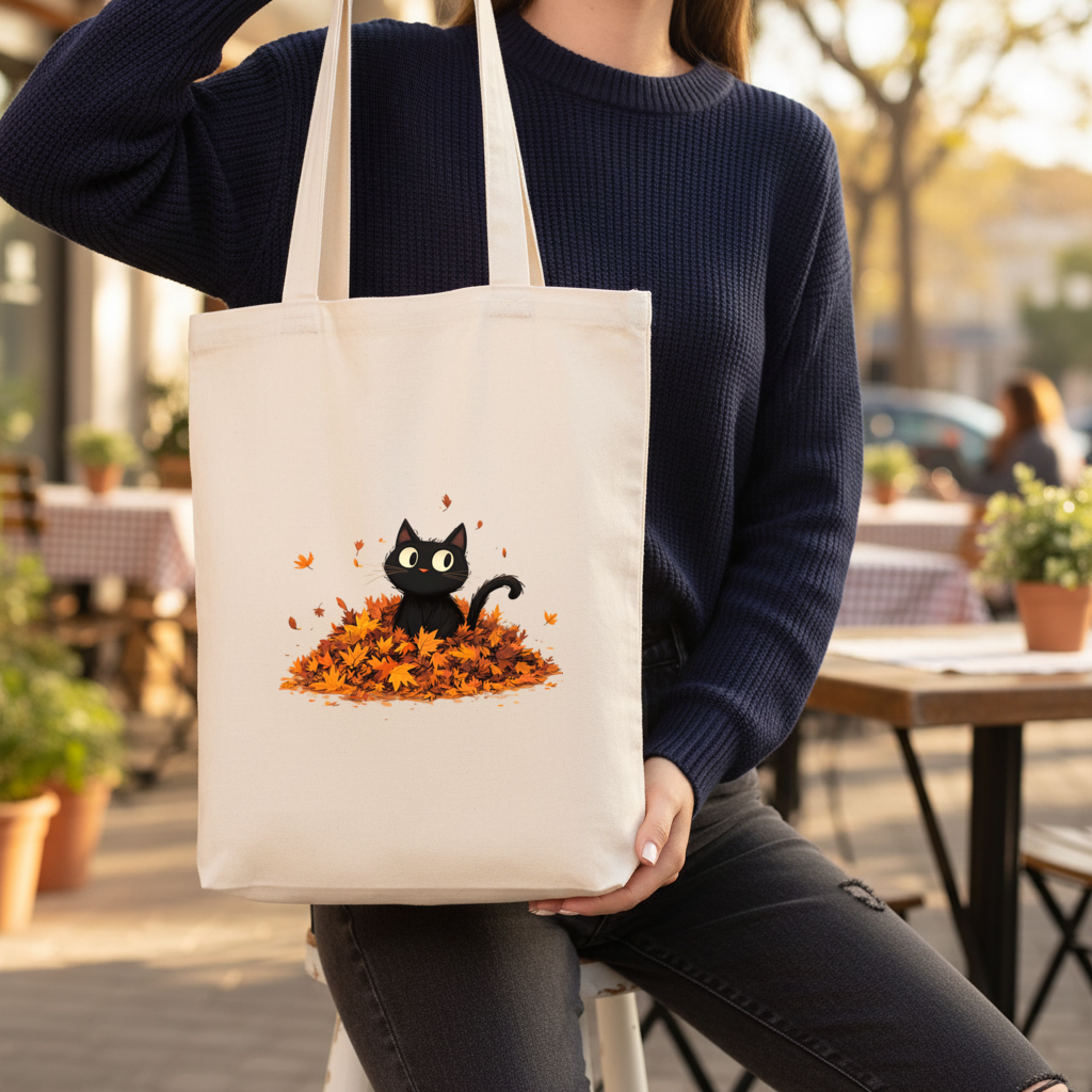 Cute Black Cat in Autumn Leaves 