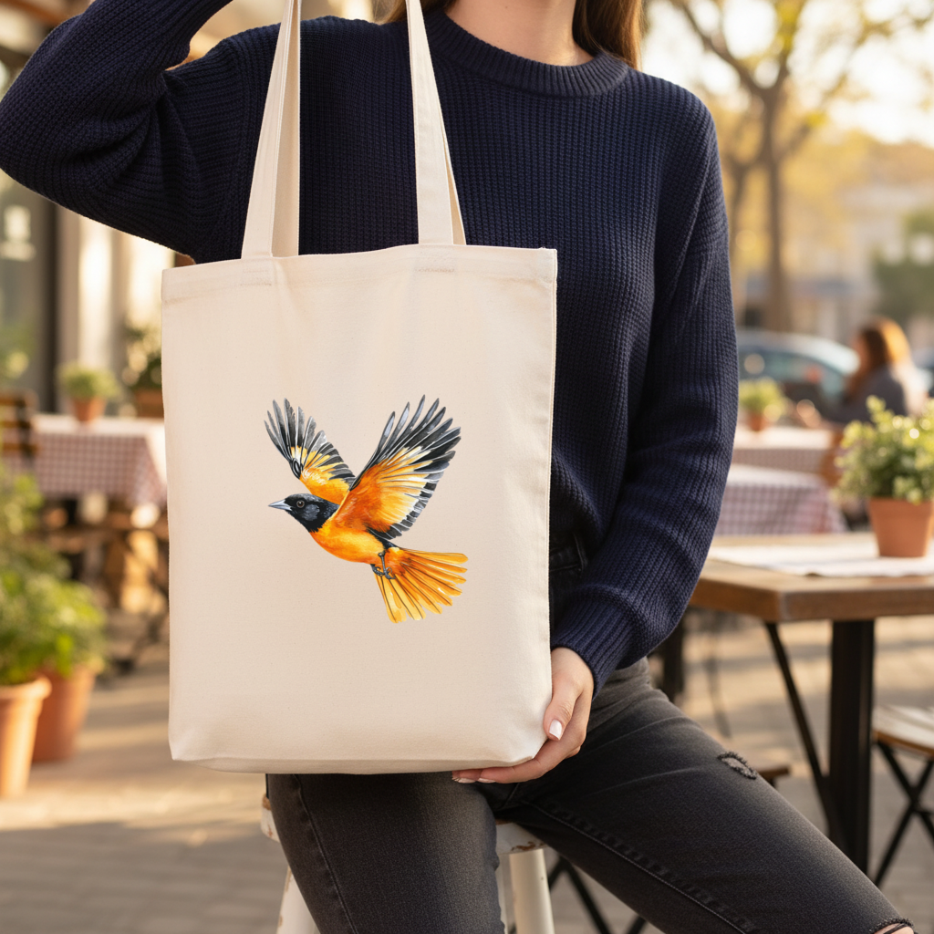 Watercolor Baltimore Oriole Gusseted Canvas Tote Bag
