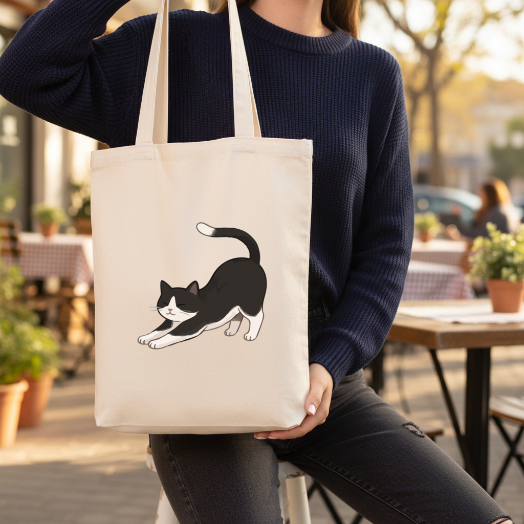 Stretching Tuxedo Cat Gusseted Canvas Tote Bag