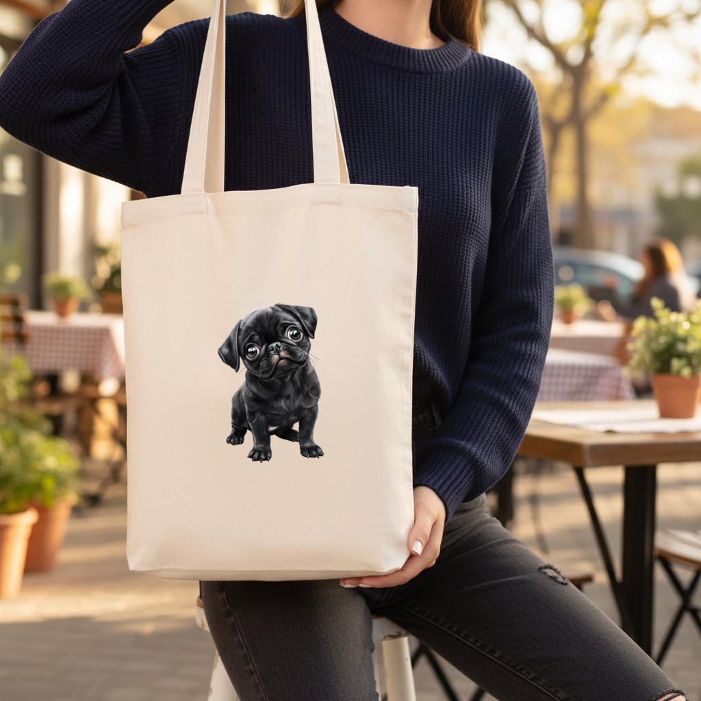 Innocent Black Pug Puppy Gusseted Canvas Tote Bag