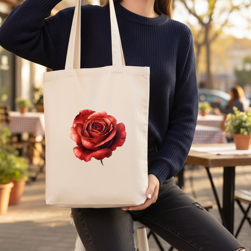 Crimson Red Rose Gusseted Canvas Tote Bag