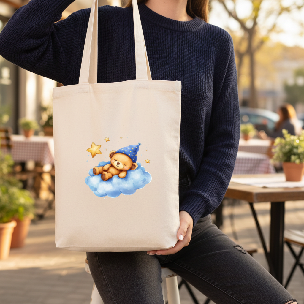 Sleeping Teddy Bear on a Cloud Gusseted Canvas Tote Bag
