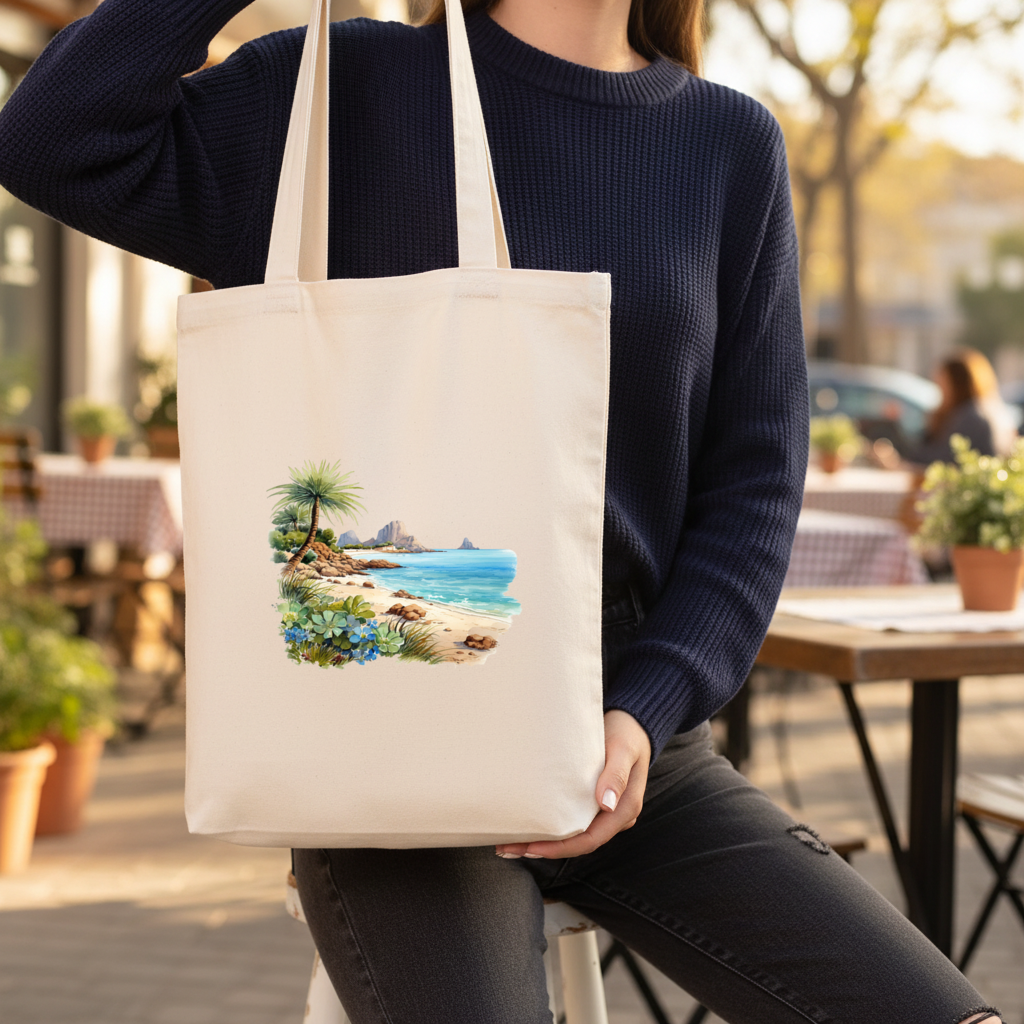 Tropical Palm Tree and Turquoise Sea Gusseted Canvas Tote Bag