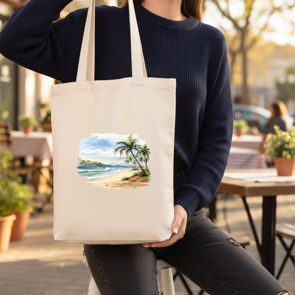 Tropical Palm Tree Beach Gusseted Canvas Tote Bag