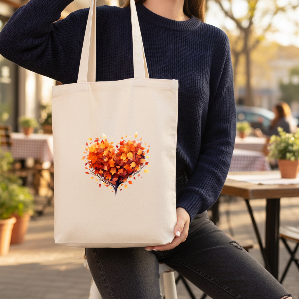 Sonbahar Yapraklı Kalp Körüklü Canvas Çanta