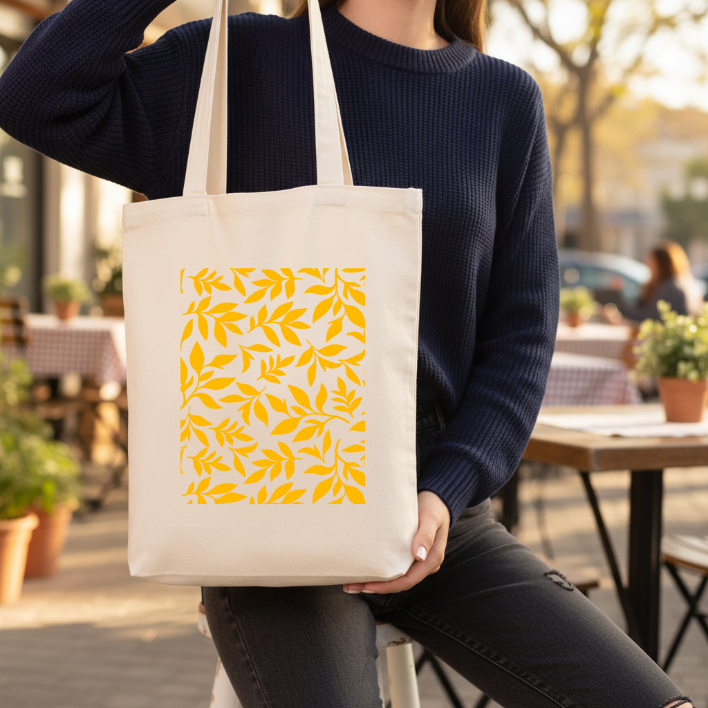 Mustard Yellow Botanical Leaves Gusseted Canvas Tote Bag