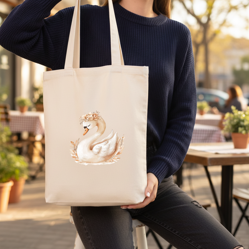 Elegant Floral Crown Boho Swan Gusseted Canvas Tote Bag