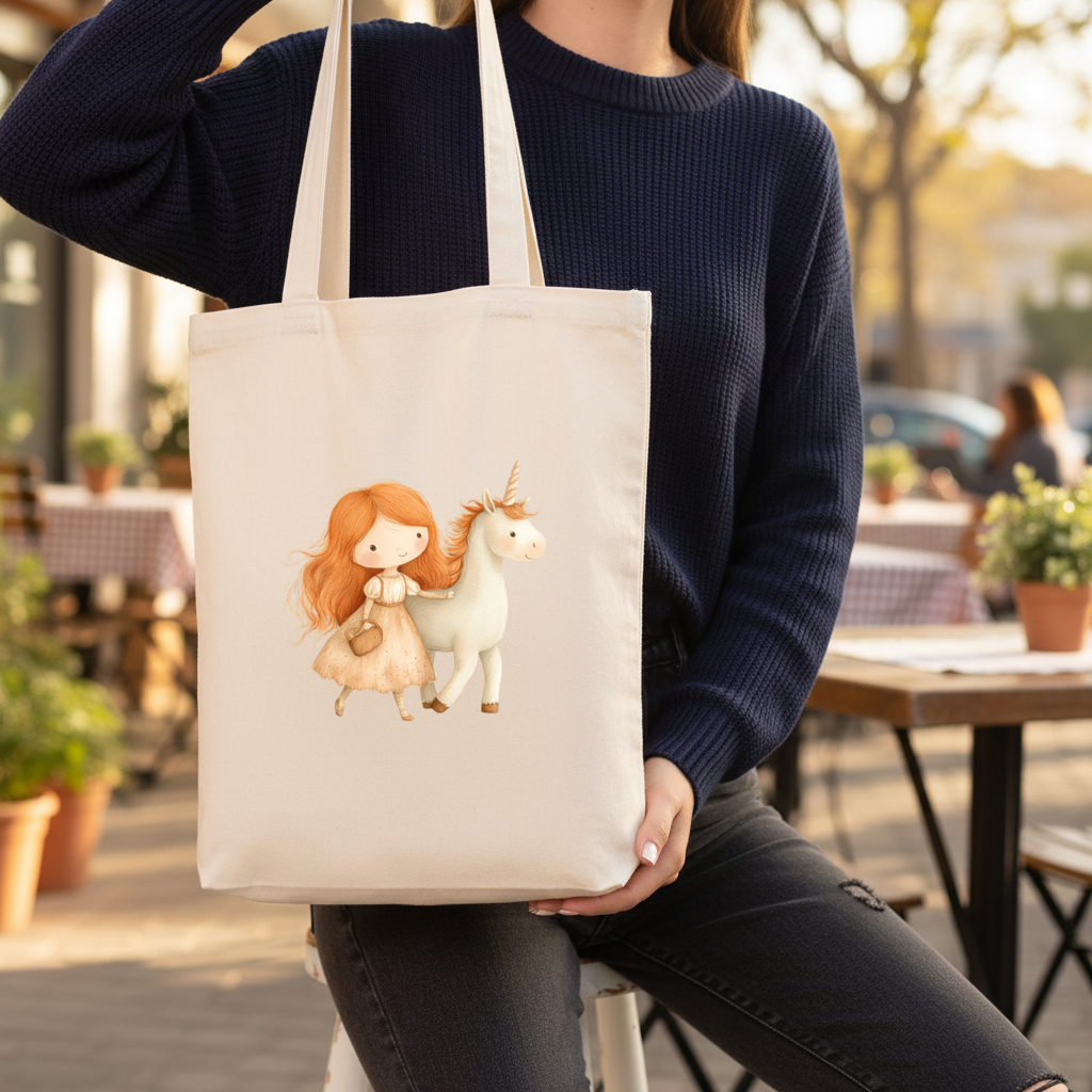 Ginger Girl with Whimsical White Unicorn Gusseted Canvas Tote Bag