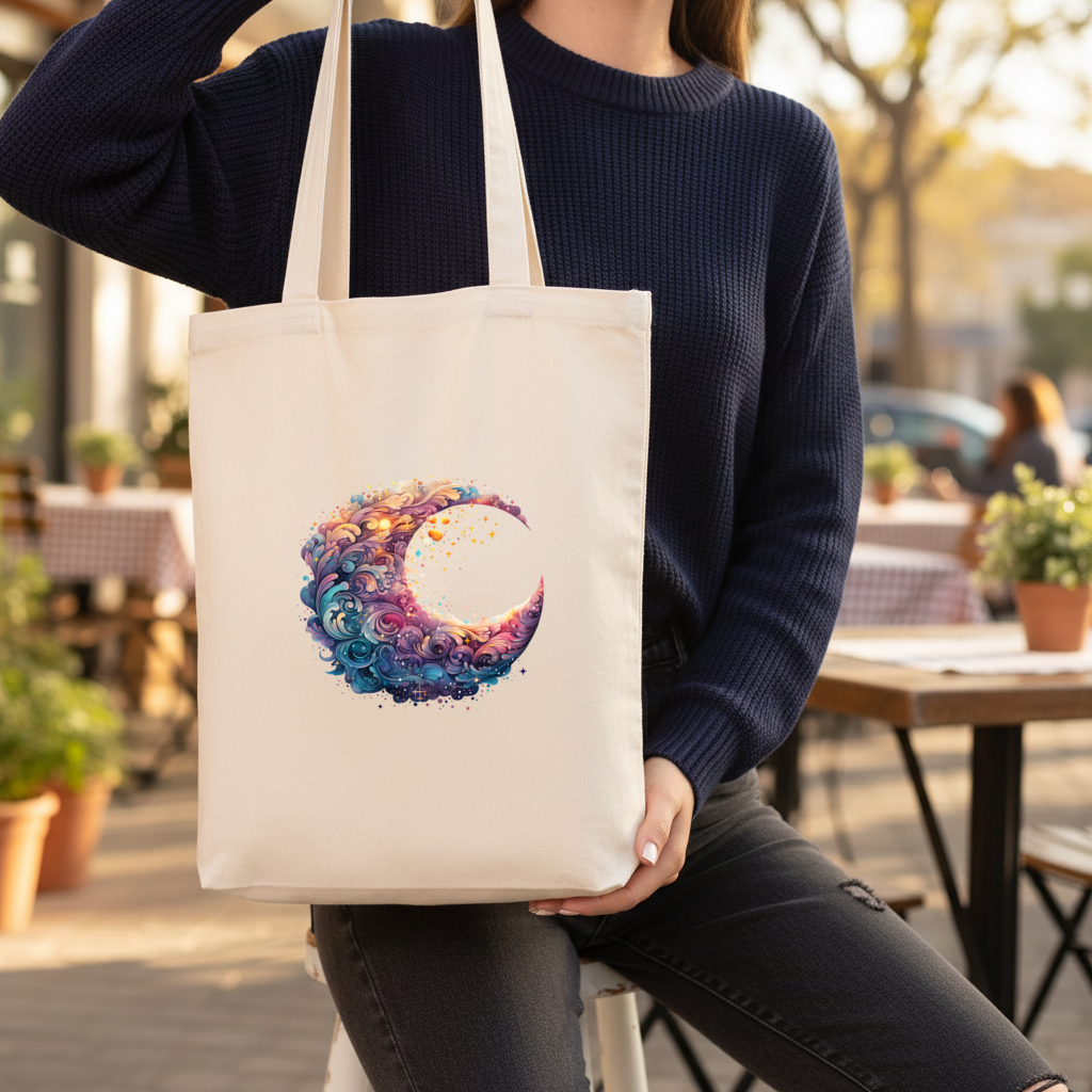 Colorful Swirled Celestial Moon Gusseted Canvas Tote Bag