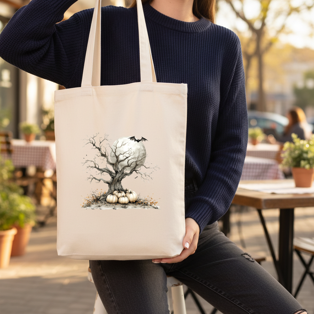 Spooky Tree with White Pumpkins Moon Gusseted Canvas Tote Bag