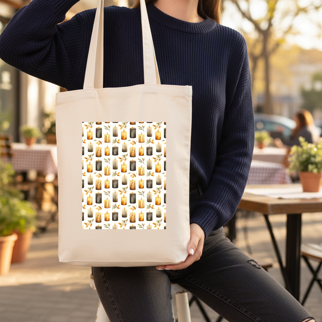 Warm Neutral Autumn Candles and Leaves Gusseted Canvas Tote Bag